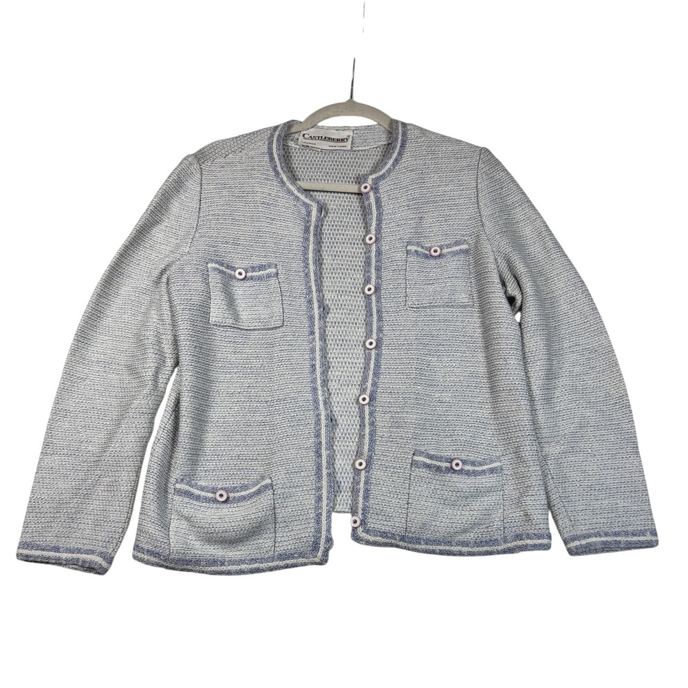Castleberry London New York Knit Tweed Jacket Blazer Pockets Blue White Size 14
